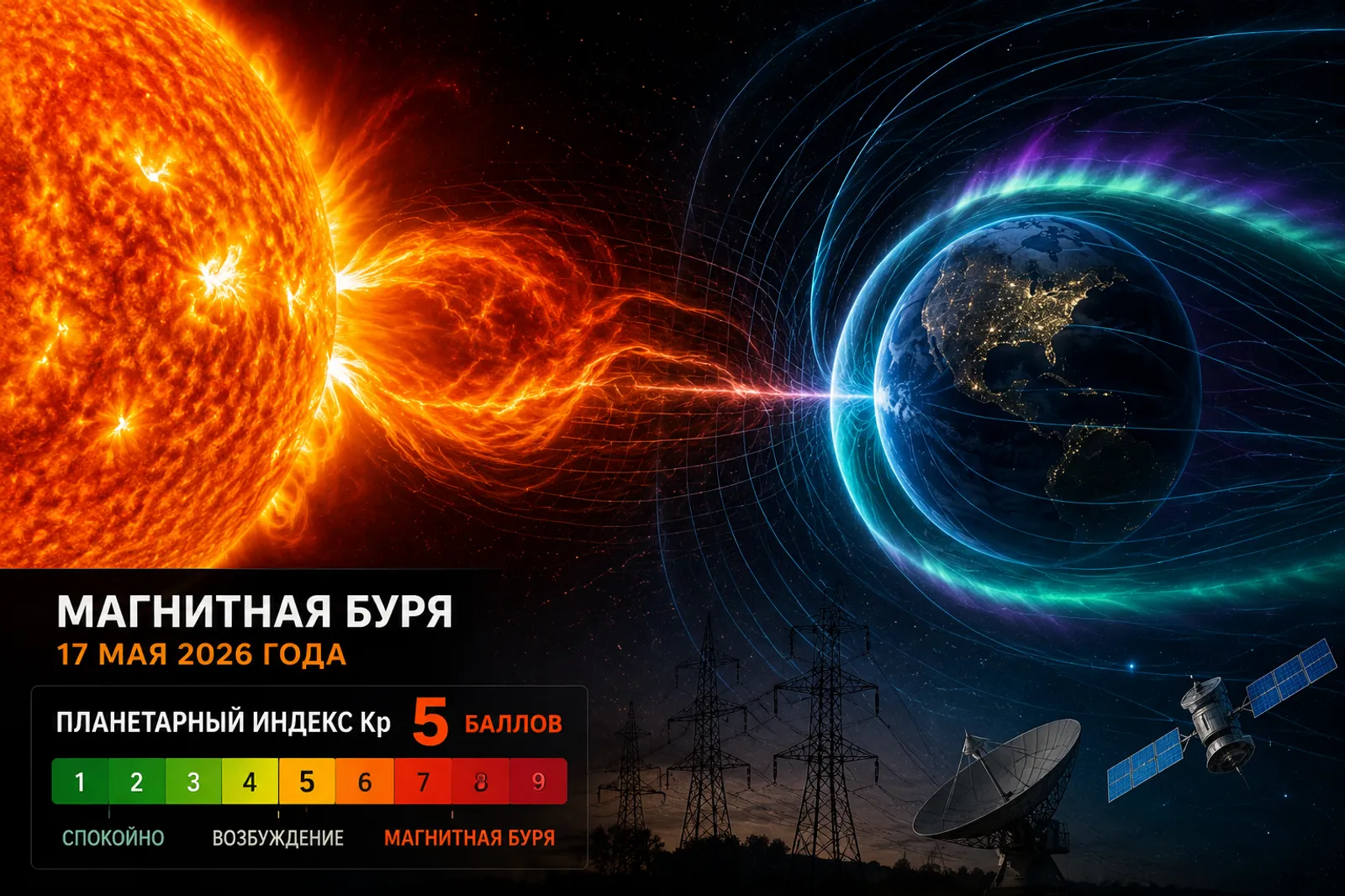 Магнитная буря 17 мая 2026 года: индекс Kp поднимется до 5 баллов